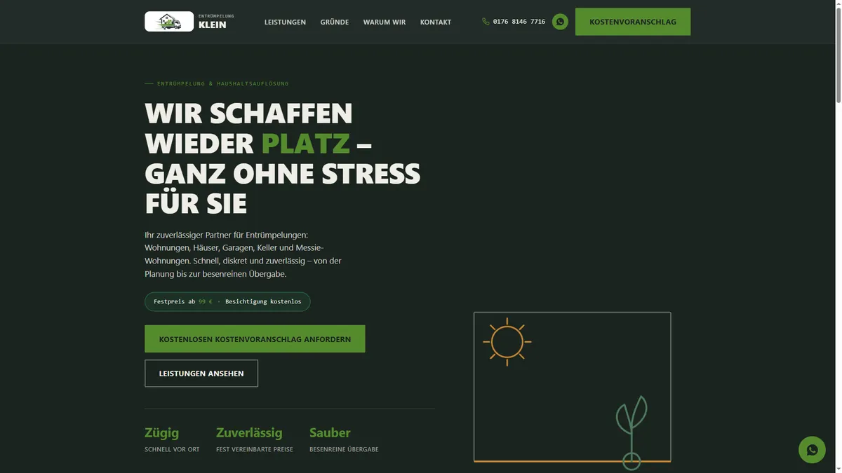 Startseite von Entrümpelung Klein mit der Überschrift „Wir schaffen wieder Platz“, Festpreis-Hinweis und Schaltfläche für einen kostenlosen Kostenvoranschlag.