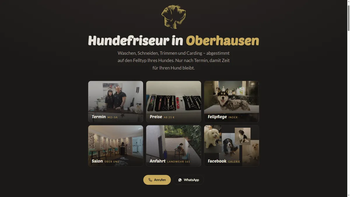 Startseite von Nick's Hundesalon: goldenes Hundelogo, Überschrift „Hundefriseur in Oberhausen“ und sechs Bildkacheln zu Termin, Preisen, Fellpflege, Salon, Anfahrt und Galerie.